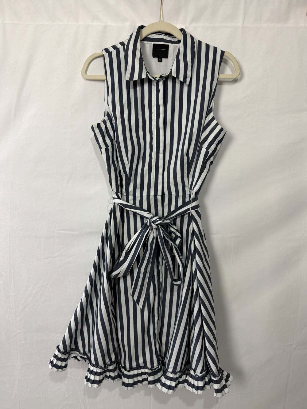 Alex Marie Striped Sleeveless Shirt Dress Belted Size 12 Navy Blue Ruffle Midi